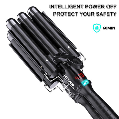 Premium black dual voltage hair crimper shown with its complete packaging design.