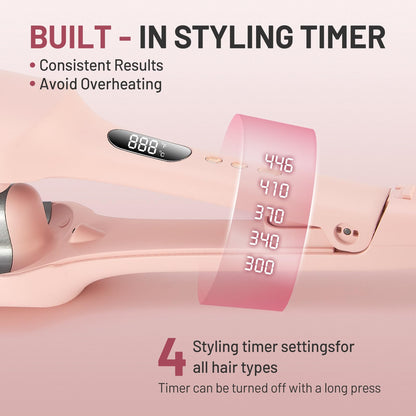 TYMO pink ceramic hair crimper opened to show the inner ionic triple barrel configuration