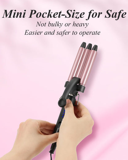 Close up of the one half inch small barrels on the compact hair waver tool.