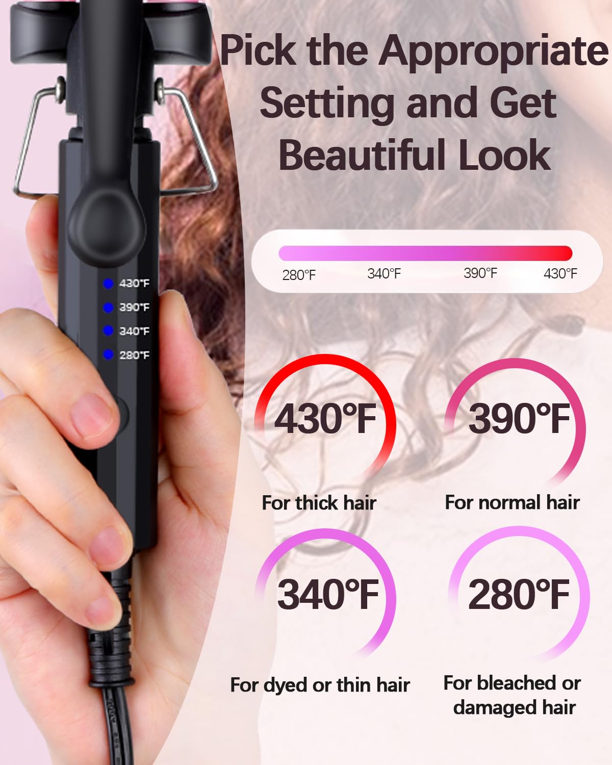 Youuish three barrel curling iron displaying the four adjustable temperature buttons.