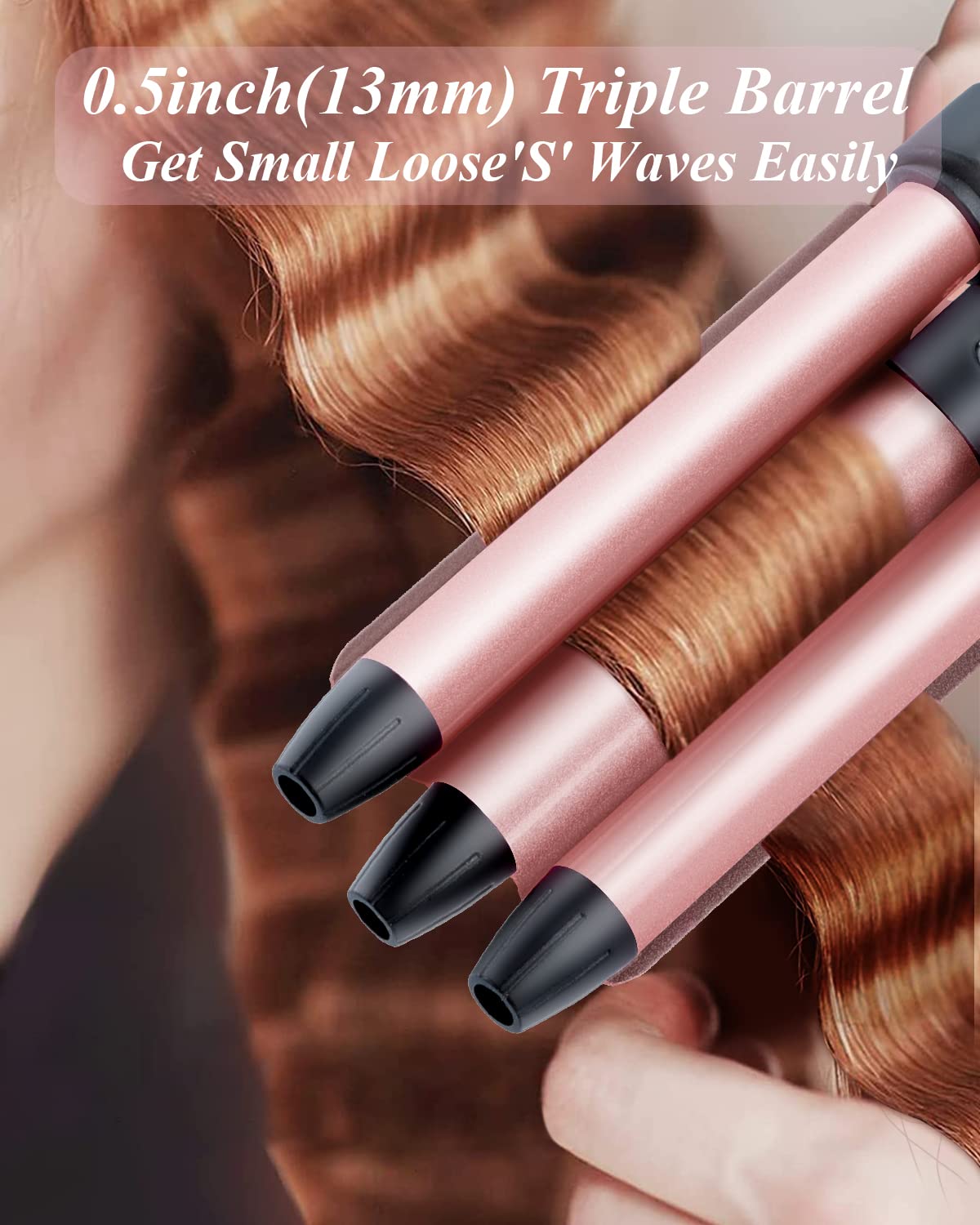 Rose pink mini hair waver demonstrating the ceramic tourmaline plates.