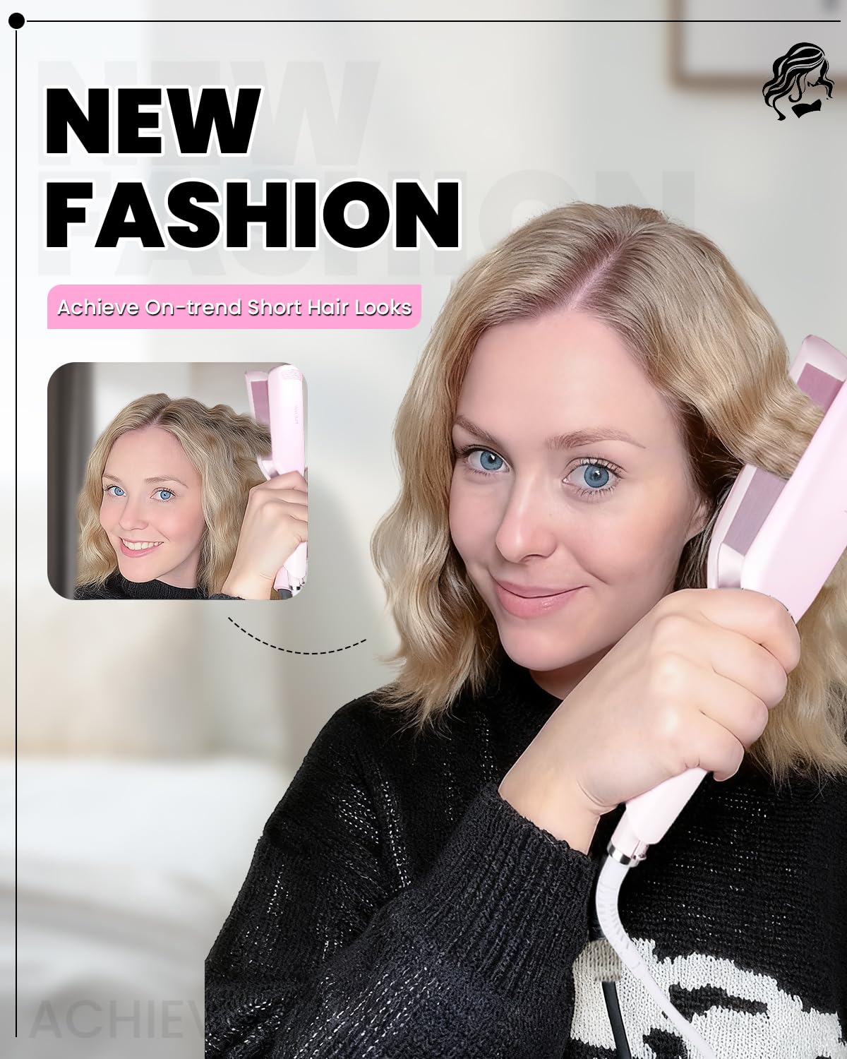 WEEYUM pink hair crimper tool being used to create mermaid waves on long hair