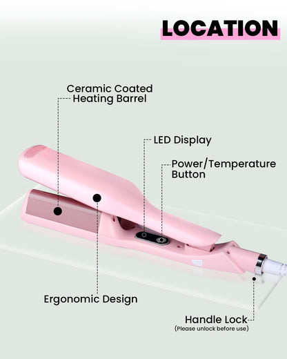 WEEYUM pink ceramic hair styling iron displaying the rapid PTC heating element components