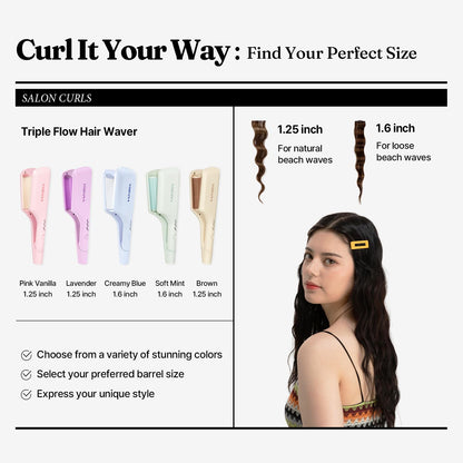 Creamy blue professional hair waver displaying the digital temperature controls and power button.