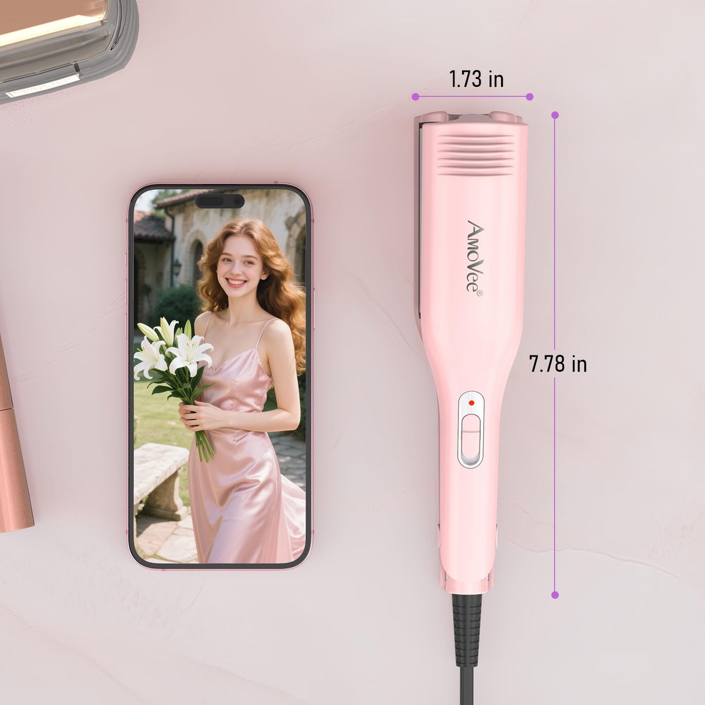 AmoVee mini hair crimper close up showing the zero point fifty nine inch tourmaline plates.