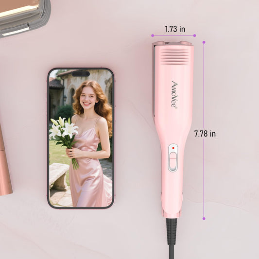 AmoVee mini hair crimper close up showing the zero point fifty nine inch tourmaline plates.
