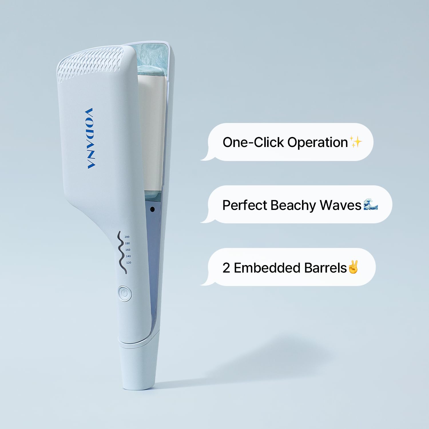Vodana professional ceramic hair waver packaging side angle with specifications.