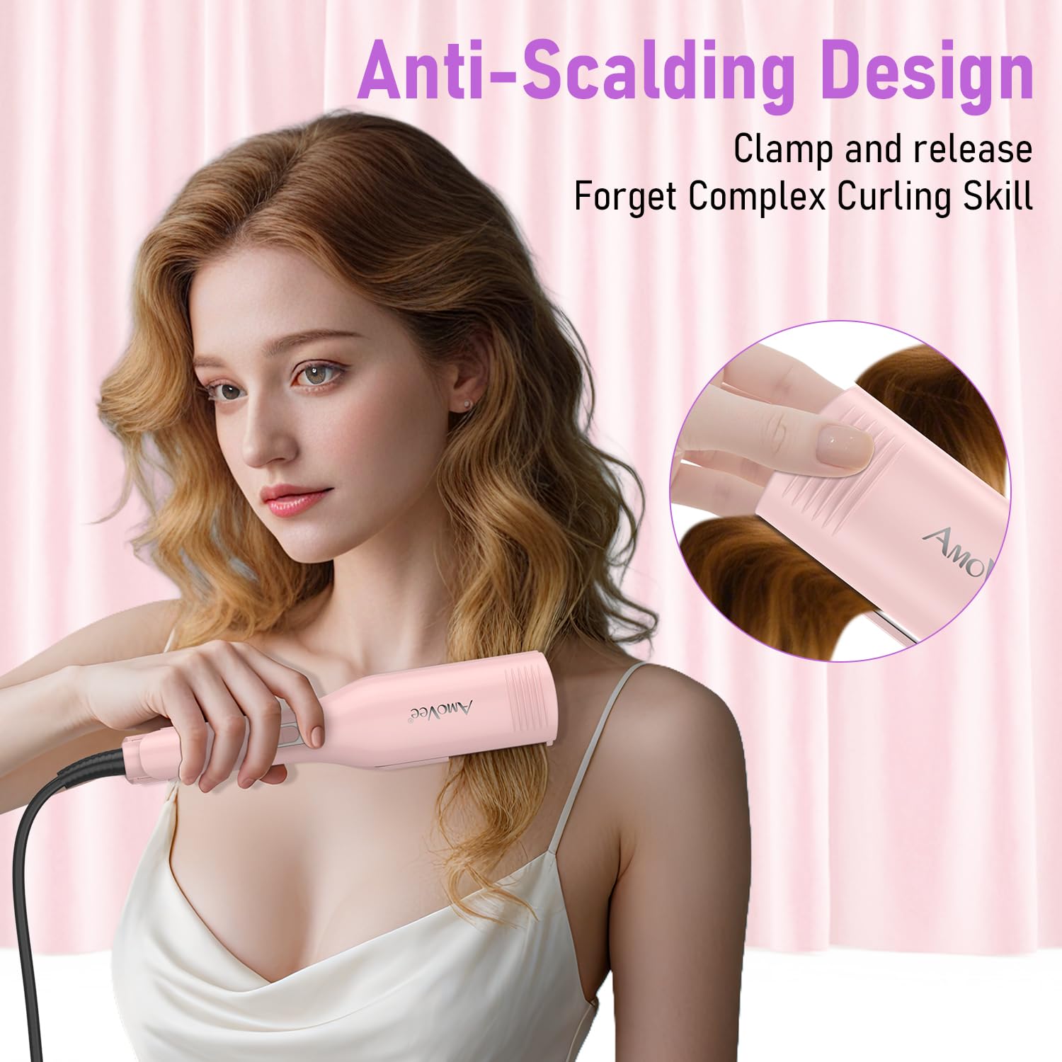 AmoVee travel beach wave hair curler displayed with its lightweight compact body.