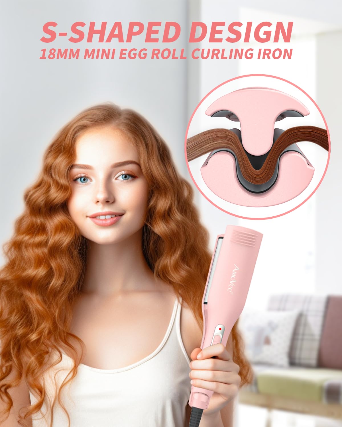 Side view of the pink three barrel mermaid wave styler highlighting the anti scald tip.