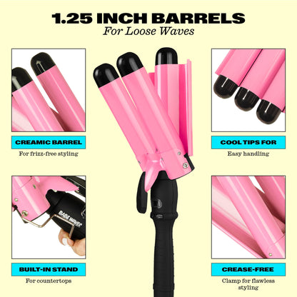 Babe Waves 1.25 inch triple barrel curling iron displaying digital LCD temperature control screen