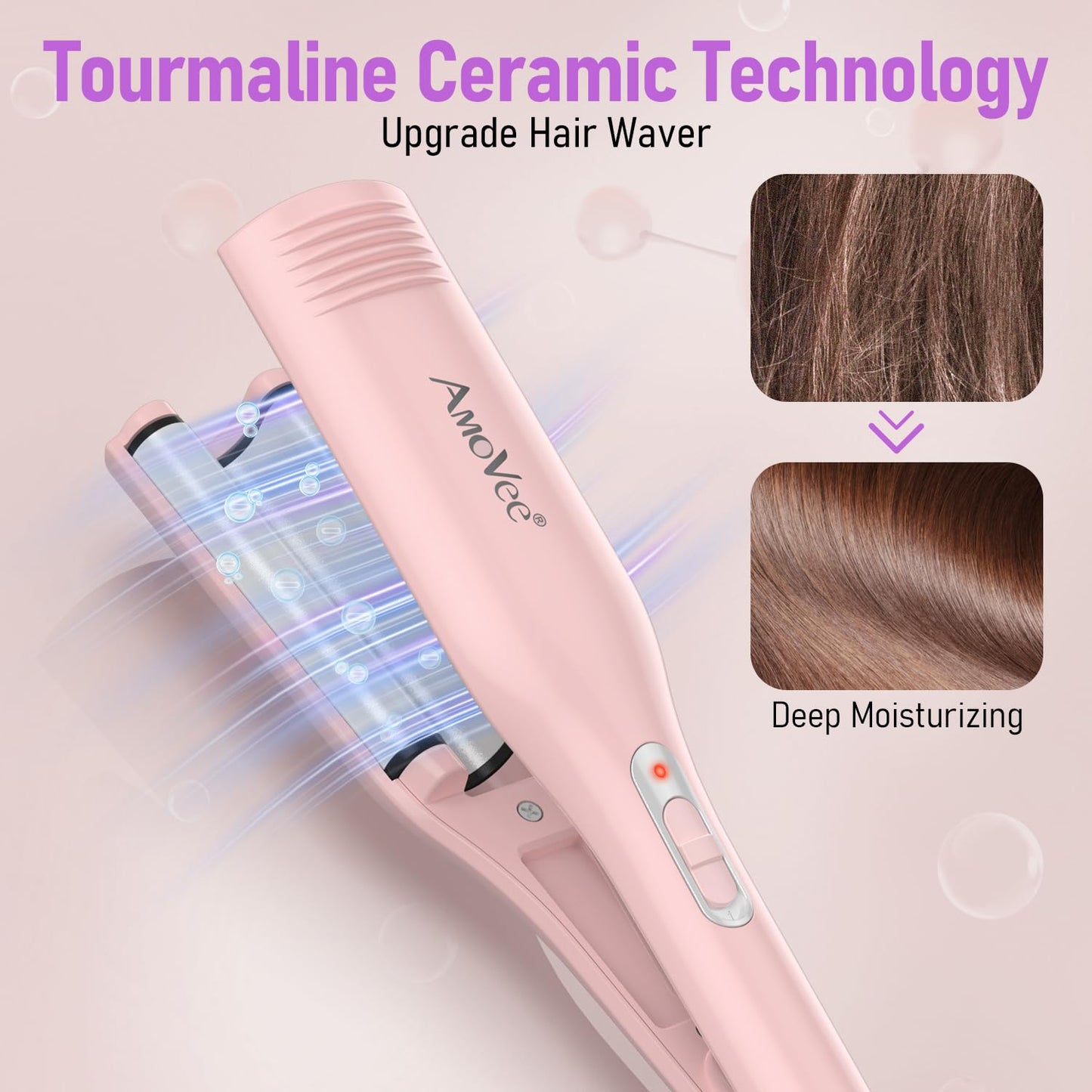 AmoVee ceramic triple barrel iron demonstrating its portable size for travel use.