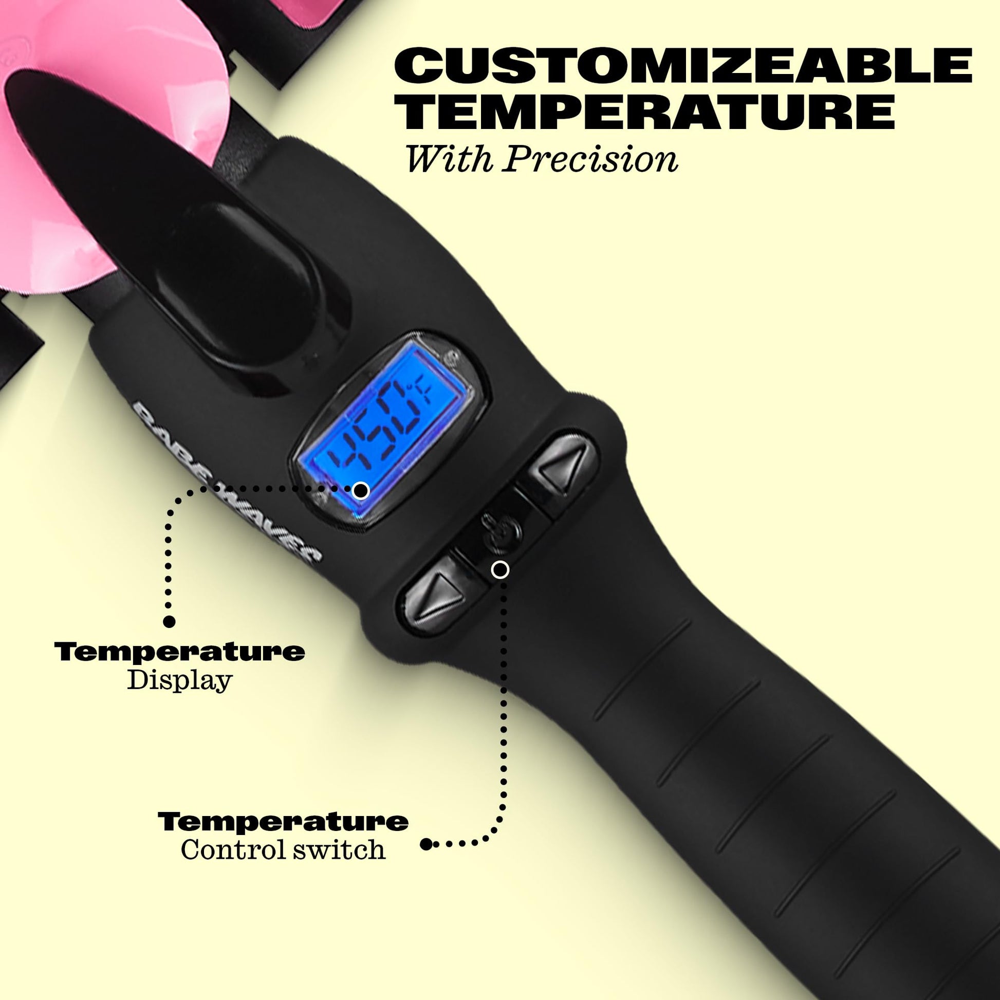 Pink three barrel beach wave crimper with built-in safety stand and black velvet handle