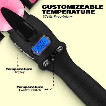 Pink three barrel beach wave crimper with built-in safety stand and black velvet handle
