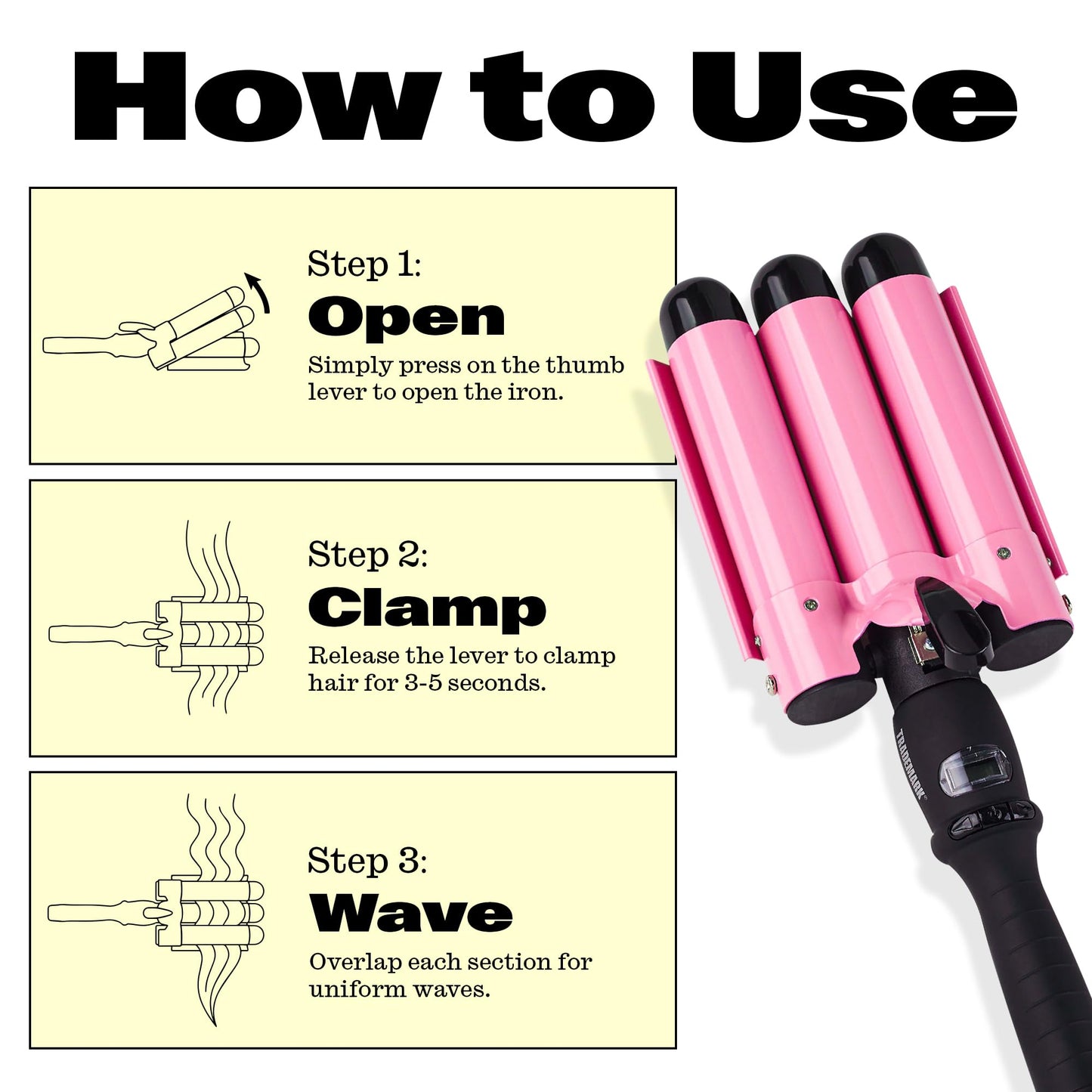 Authentic USA-imported Babe Waves pink triple barrel hair curler packaging box overview