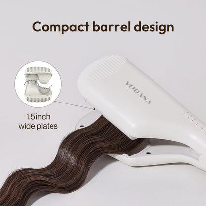The elegant Ivory Mood packaging and full contents of the authentic USA imported Vodana compact wave iron set.