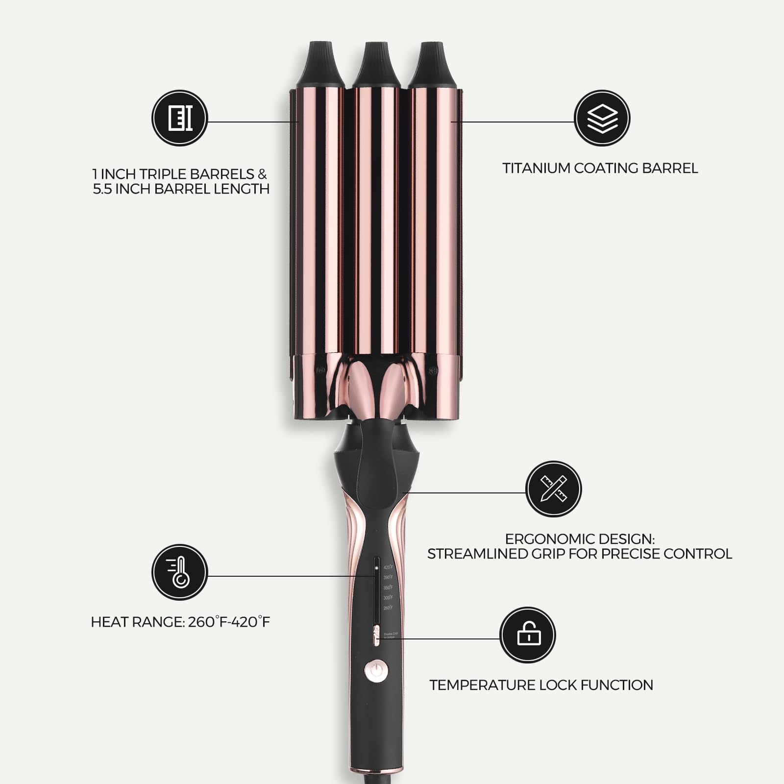 Close up view of the five temperature settings and power button on the Rozamor triple barrel hair waver