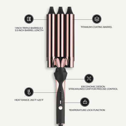 Close up view of the five temperature settings and power button on the Rozamor triple barrel hair waver
