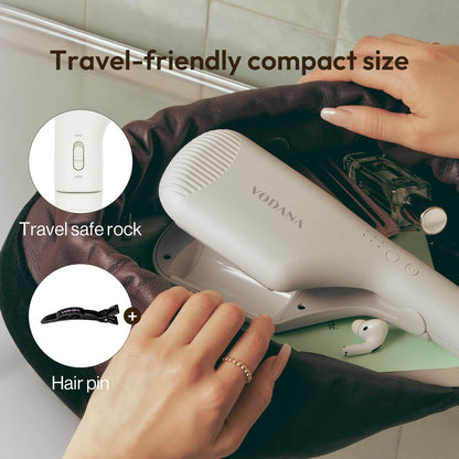 Detail shot of the fast heating elements and cool touch tip safety feature on the Vodana hair waver styling tool.