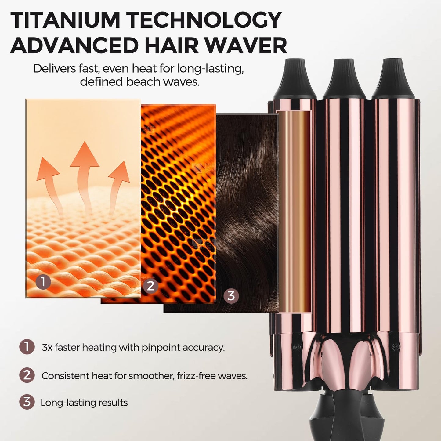 Rozamor professional triple barrel hair crimper showcasing the heat resistant insulated safety tip and ergonomic handle