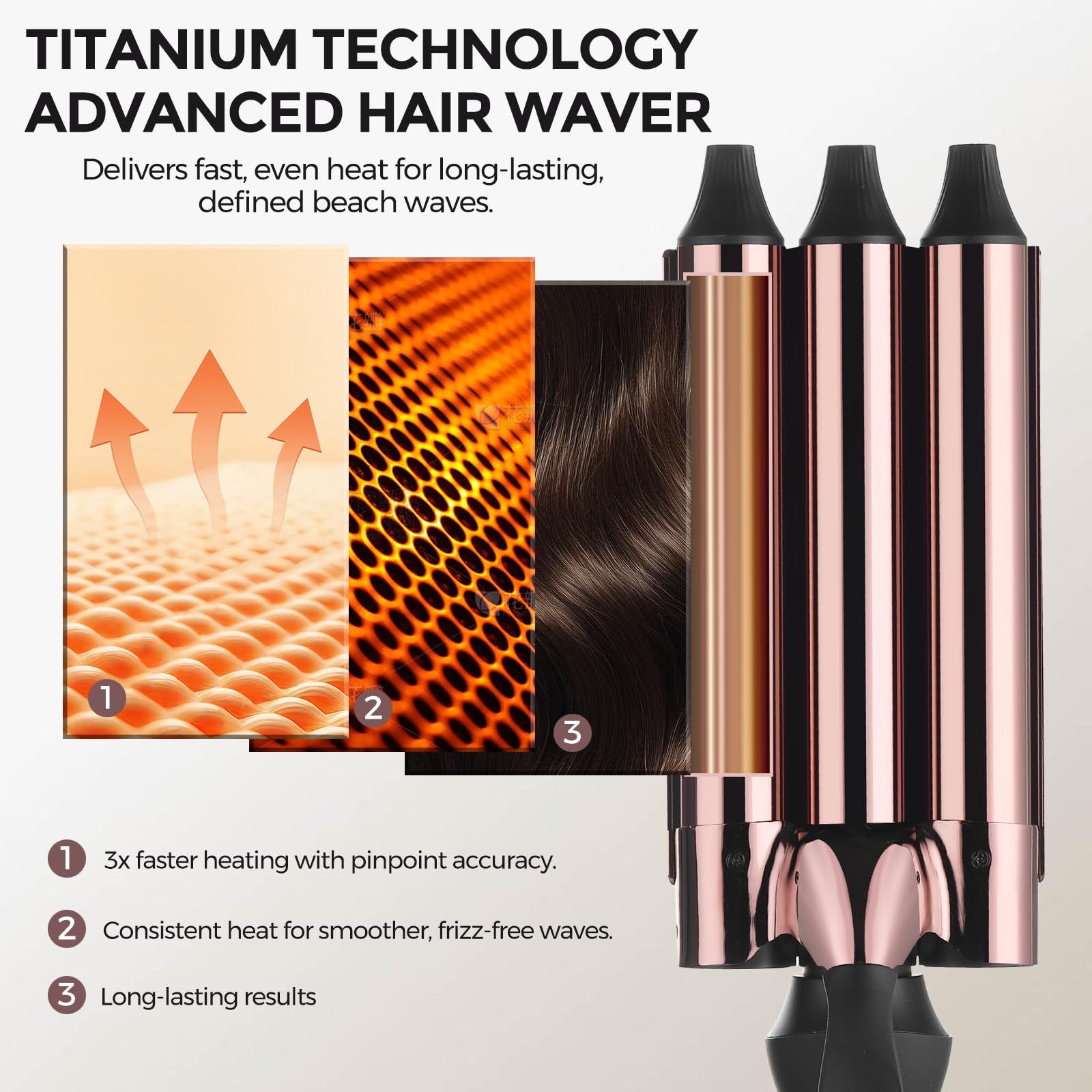 Rozamor professional triple barrel hair crimper showcasing the heat resistant insulated safety tip and ergonomic handle