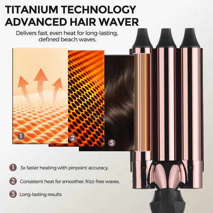 Rozamor professional triple barrel hair crimper showcasing the heat resistant insulated safety tip and ergonomic handle