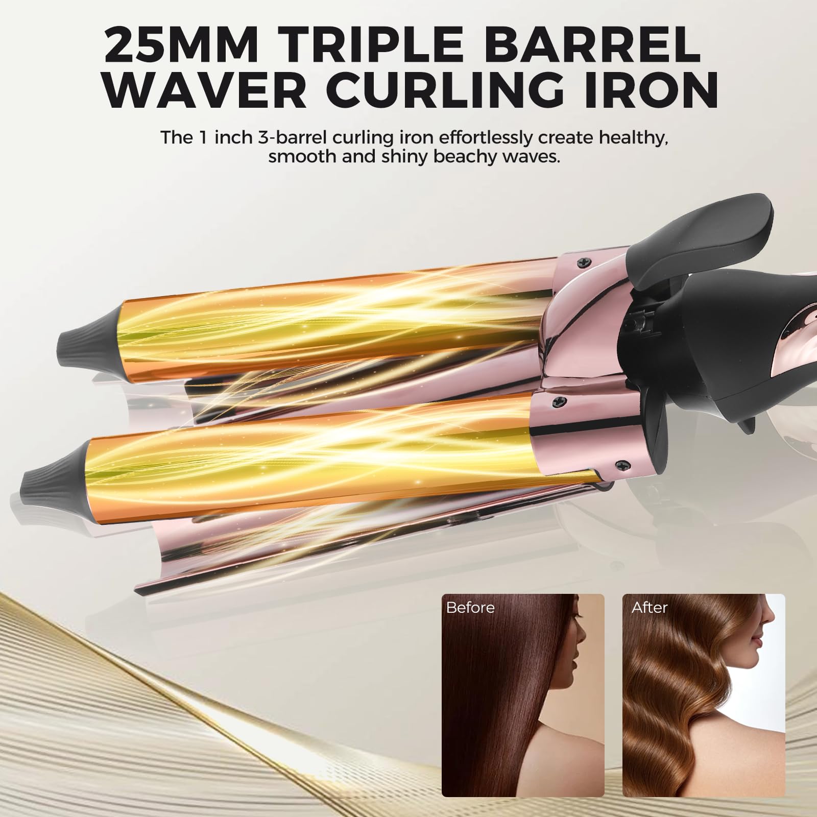 Side angle of the Rozamor titanium hair curling wand demonstrating the built in safety stand for counter protection