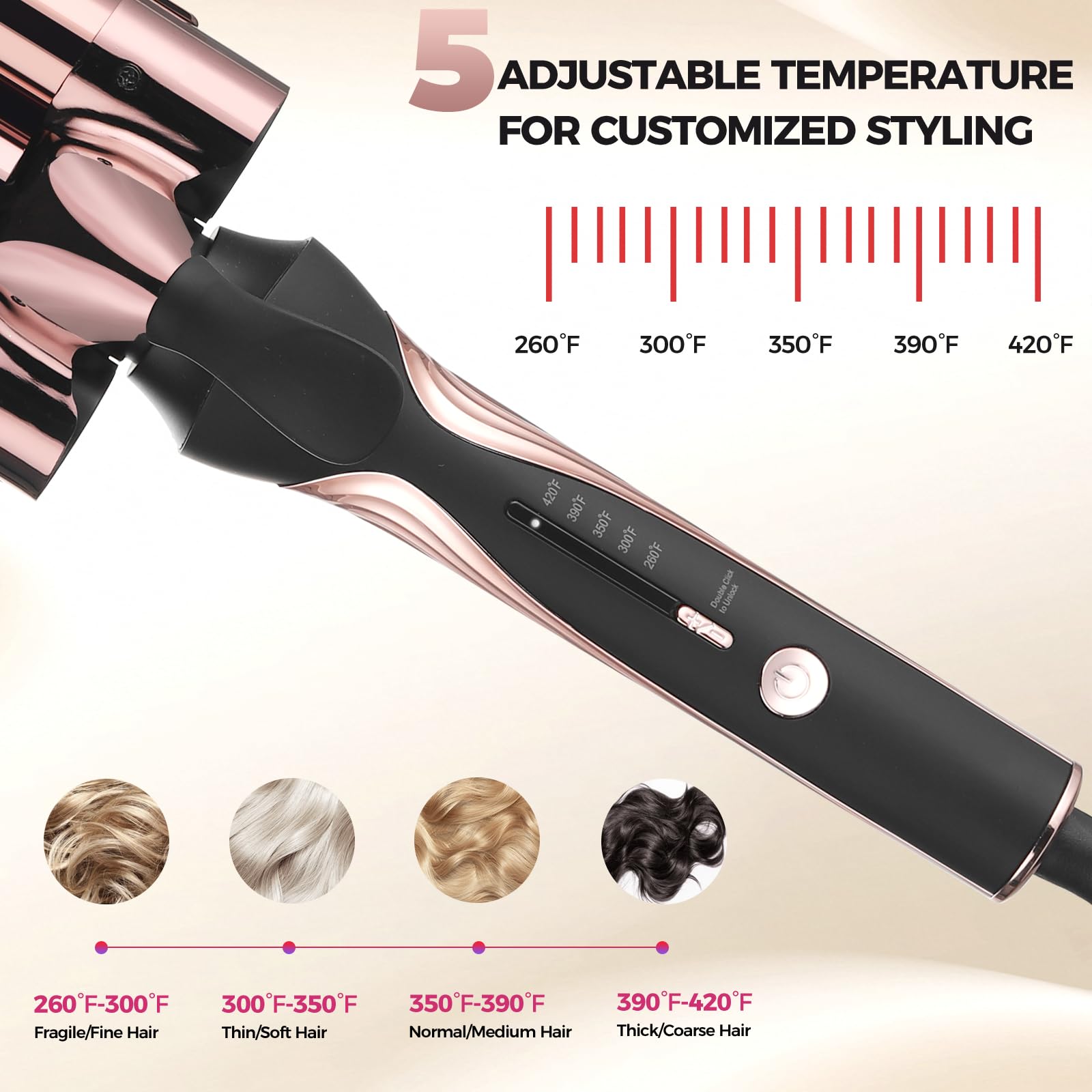 Rozamor three barrel waving iron highlighting the three hundred and sixty degree tangle free swivel cord connection