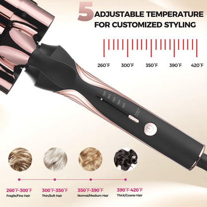 Rozamor three barrel waving iron highlighting the three hundred and sixty degree tangle free swivel cord connection