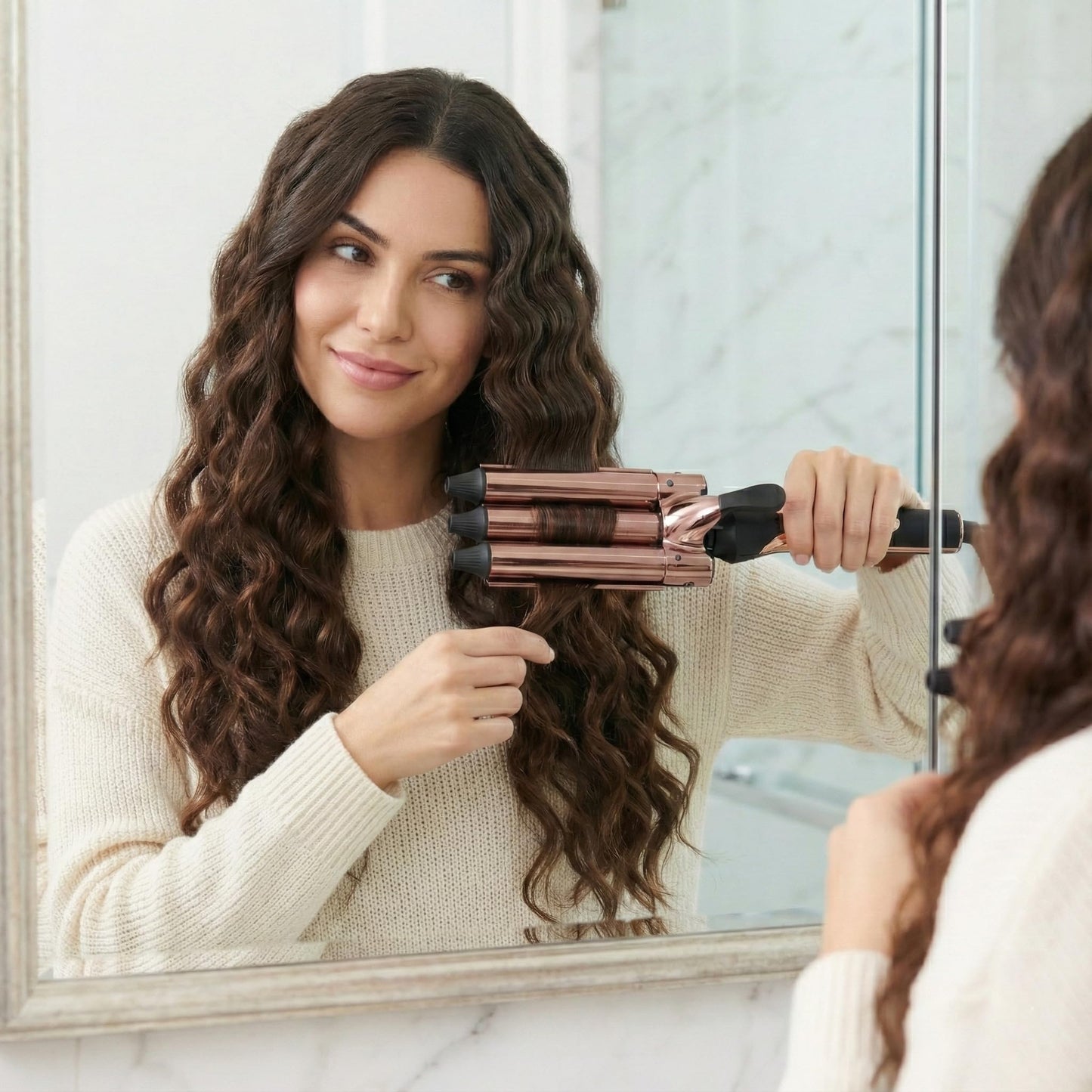 Authentic Rozamor packaging with the one inch triple barrel beach wave hair crimper unboxed on a clean surface