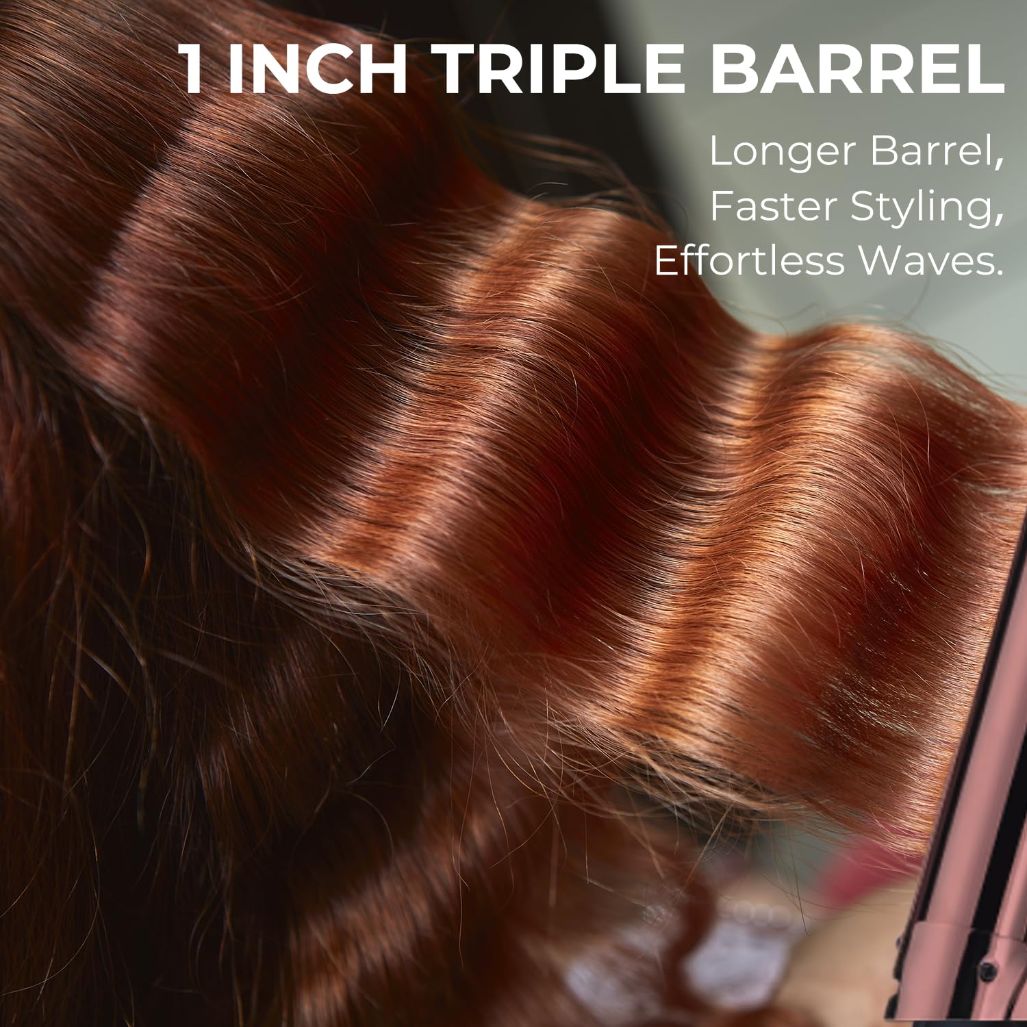 Demonstration of the Rozamor titanium triple barrel iron creating deep crimped beach waves on textured hair