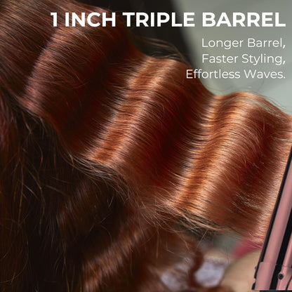 Demonstration of the Rozamor titanium triple barrel iron creating deep crimped beach waves on textured hair