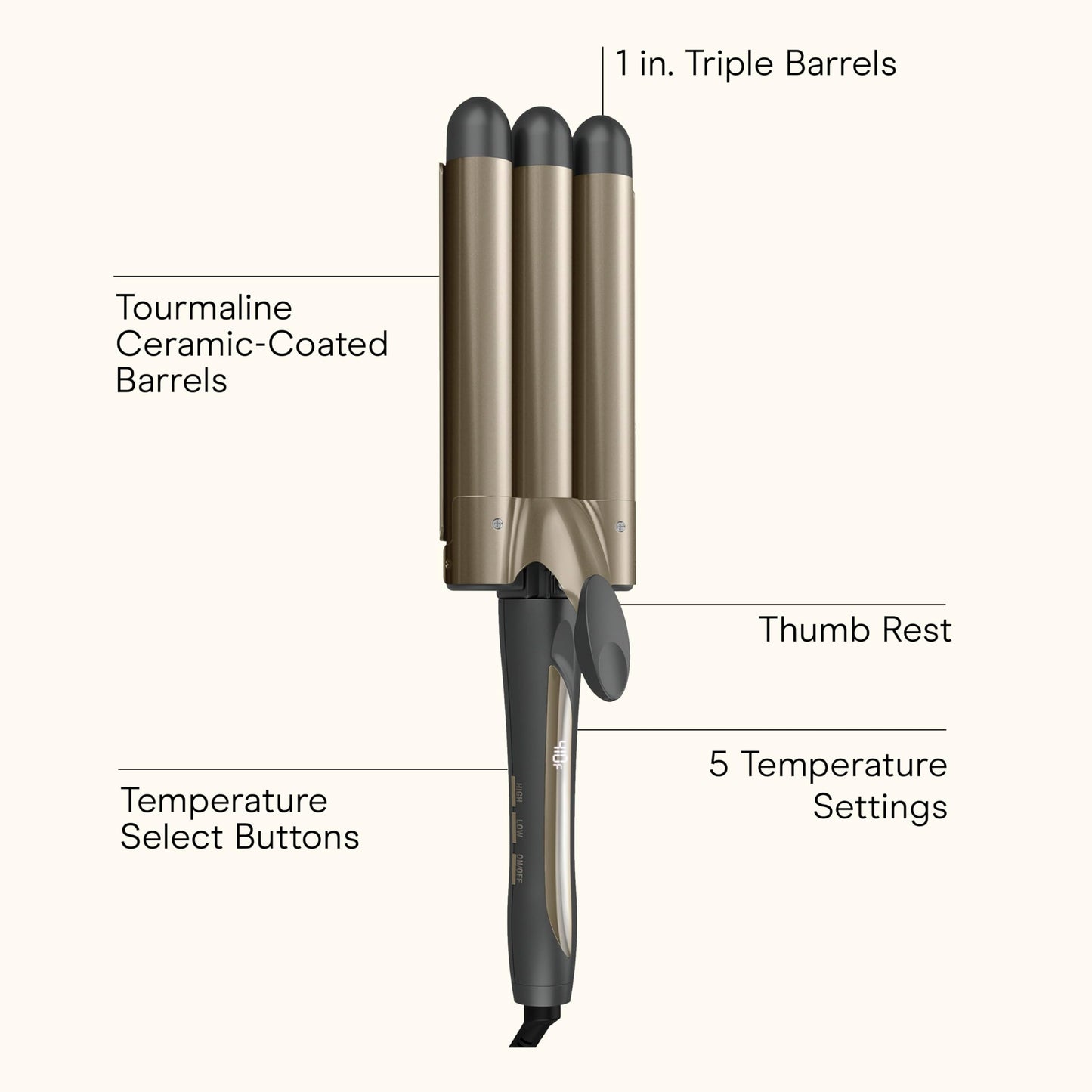 Conair 3 barrel hair waver curling iron displaying the digital temperature controls and buttons