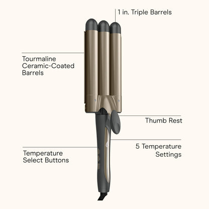 Conair 3 barrel hair waver curling iron displaying the digital temperature controls and buttons