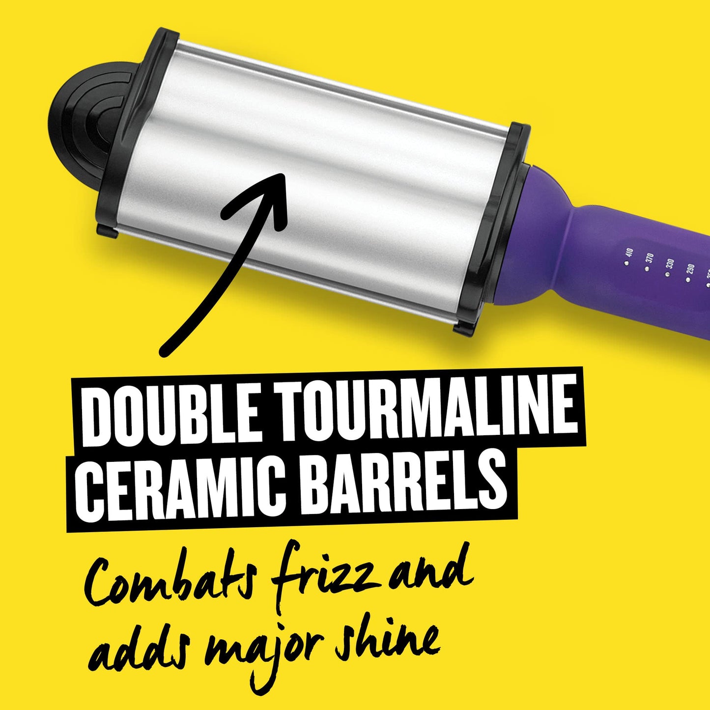 Two inch double tourmaline ceramic barrels closeup on deep hair waver