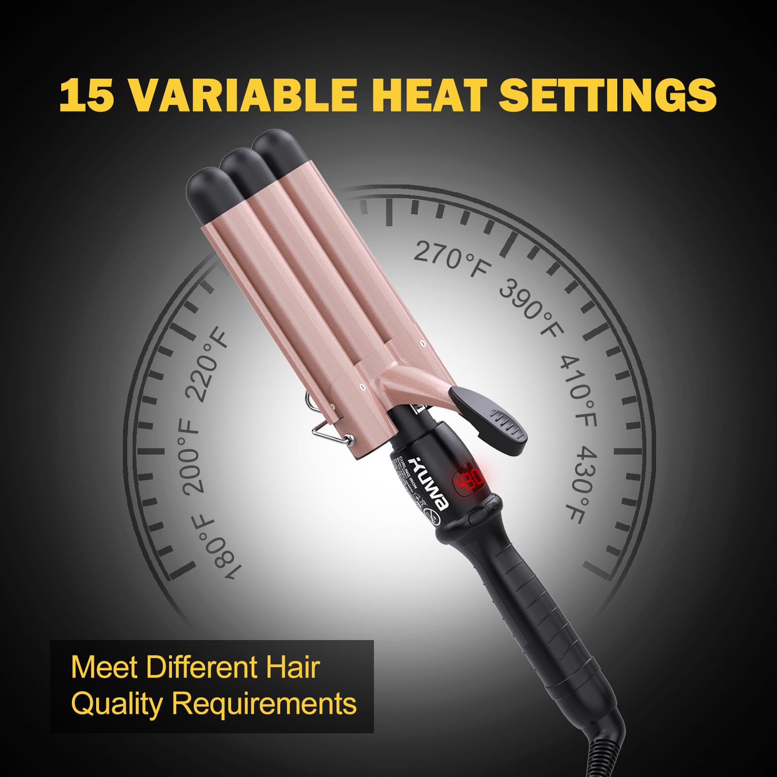 Kuwa hair waver tool open clamp showing the high-quality tourmaline ceramic coated barrels.