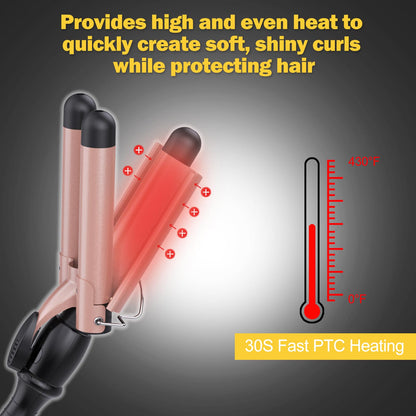 Kuwa triple barrel curling wand showing the rapid heating PTC element design.