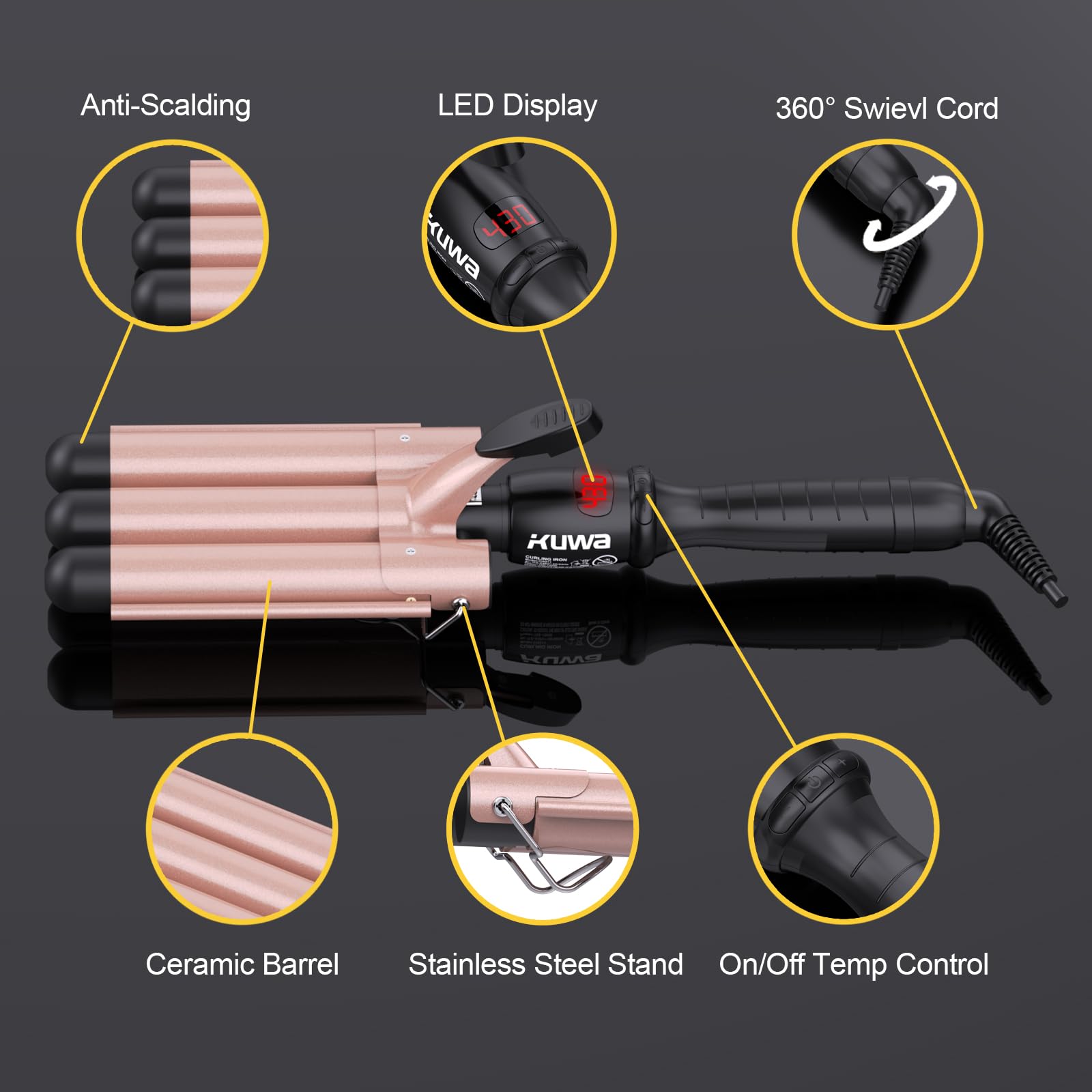Kuwa hair waver being held to demonstrate the lightweight ergonomic design for easy grip styling.