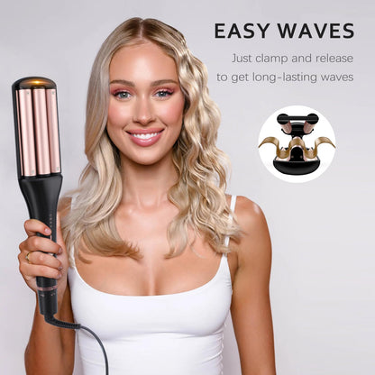 RAKUKOKKU triple barrel curling iron displaying the adjustable depth sliding knob mechanism.