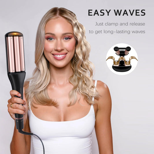 RAKUKOKKU triple barrel curling iron displaying the adjustable depth sliding knob mechanism.