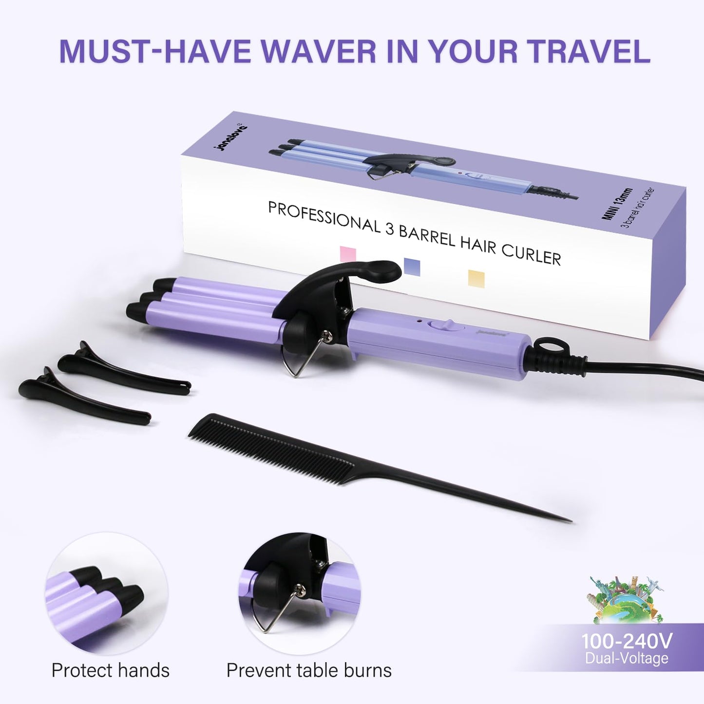 Janelove purple hair crimping tool showing cool tip