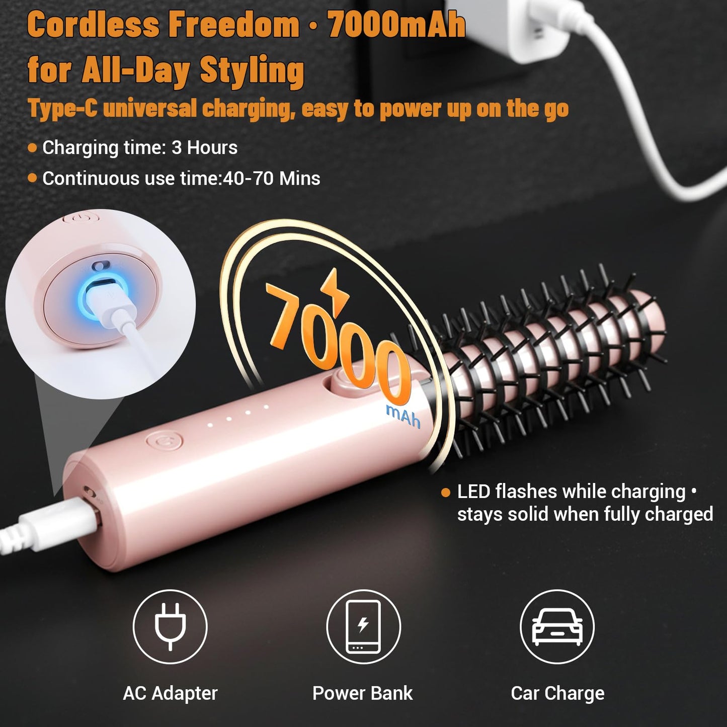 3-in-1 portable travel hair curler with straightener brush attachments detached