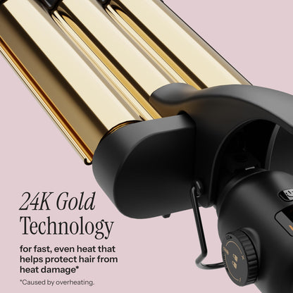 Close-up of the digital temperature display and control buttons on the Hot Tools 3 barrel jumbo waver