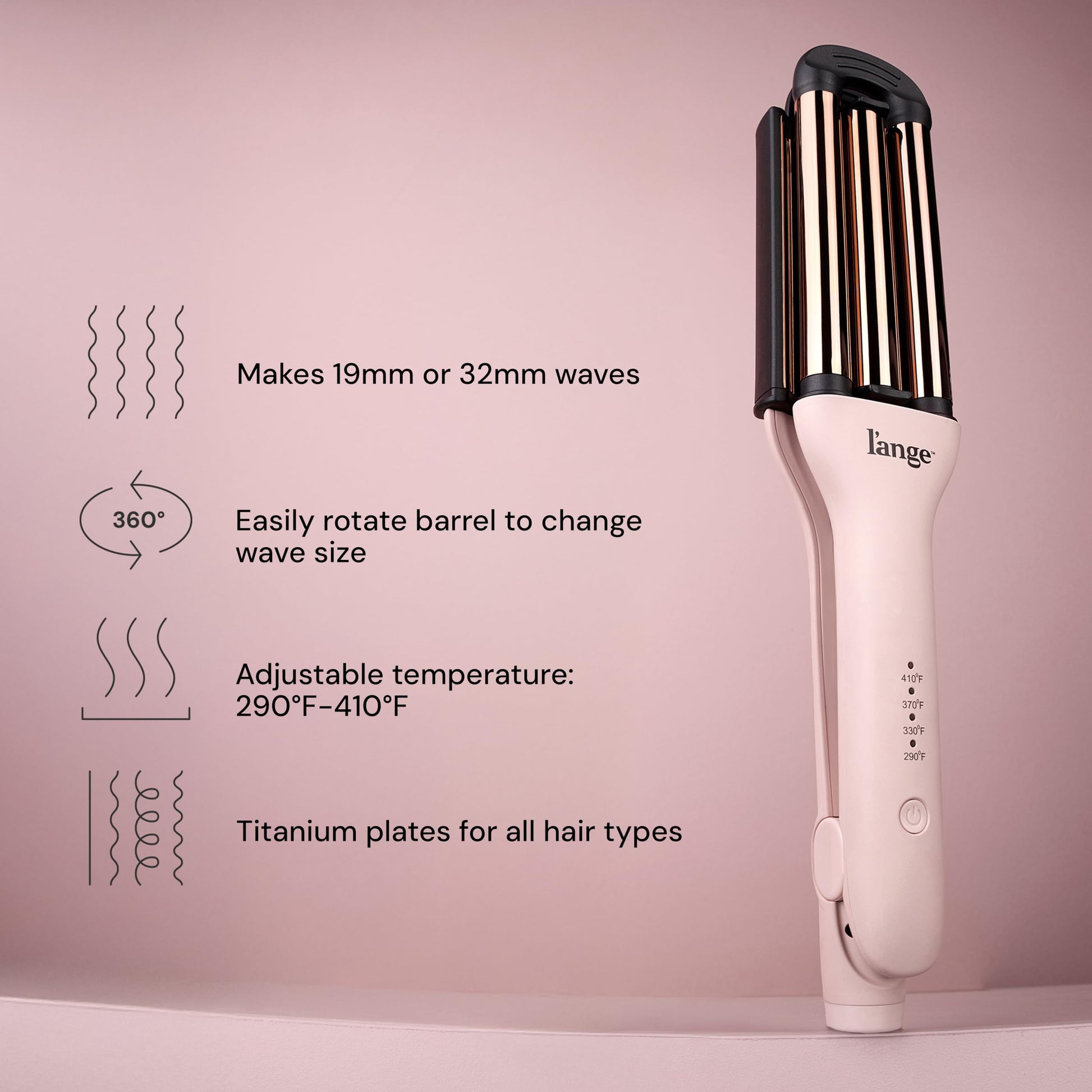 L'ANGE Hair three barrel waving tool showing the rotating cool tip mechanism for adjusting wave sizes