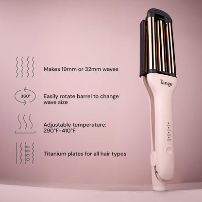 L'ANGE Hair three barrel waving tool showing the rotating cool tip mechanism for adjusting wave sizes