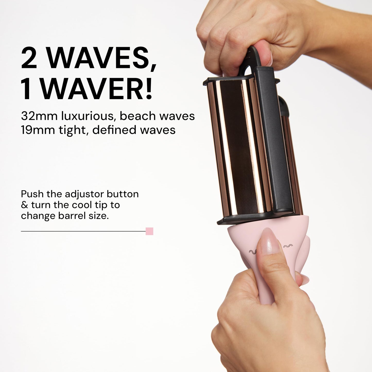 L'ANGE Hair VersaWaver pink styling tool with the clamp open demonstrating the titanium plates