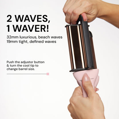 L'ANGE Hair VersaWaver pink styling tool with the clamp open demonstrating the titanium plates