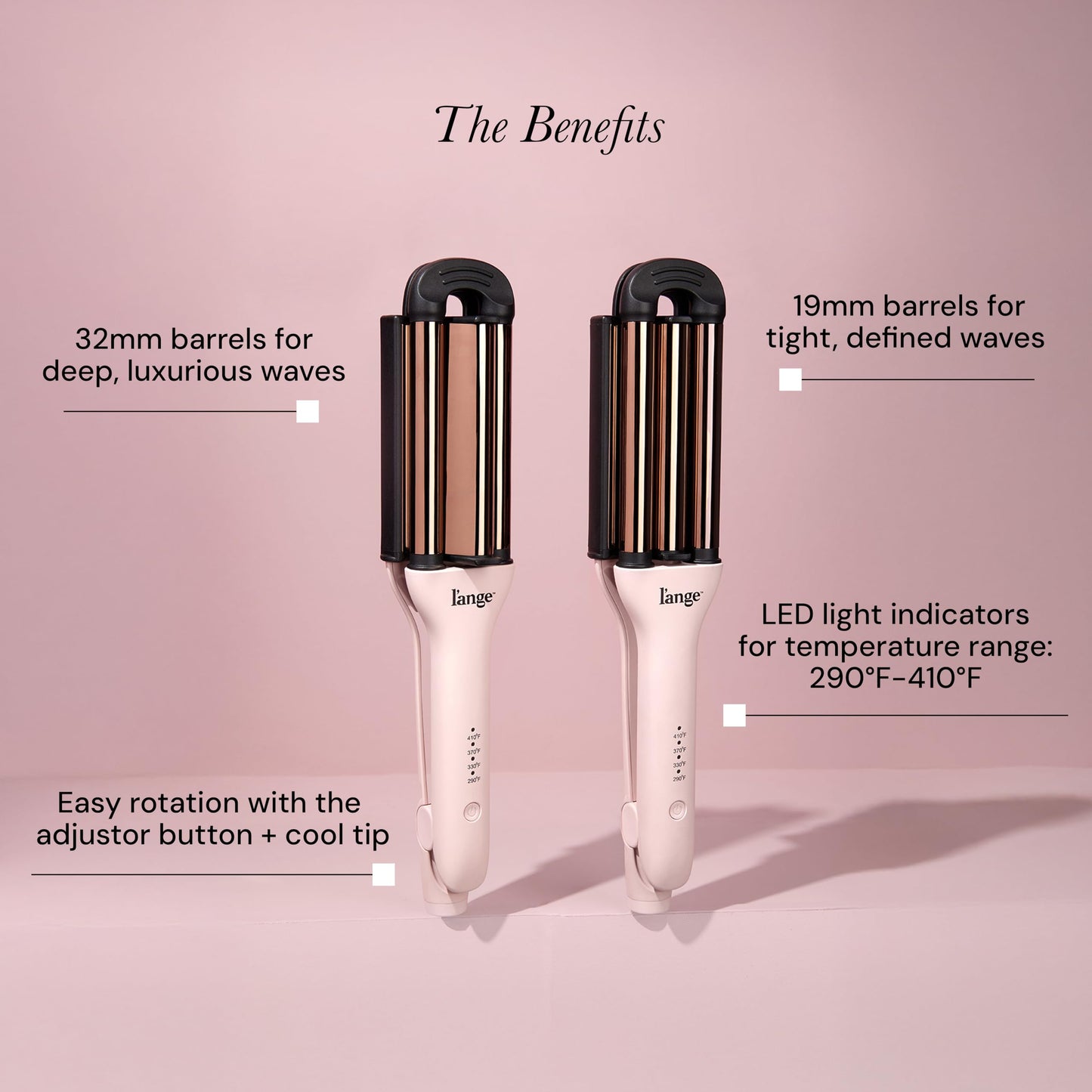L'ANGE Hair VersaWaver blush pink tool displayed alongside the included heat resistant glove and mat pouch