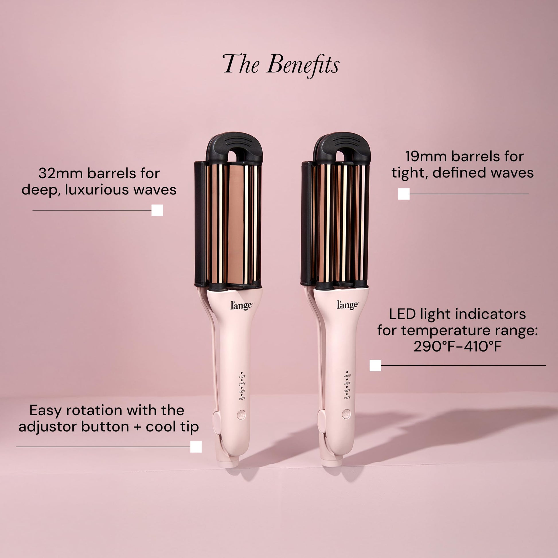 L'ANGE Hair VersaWaver blush pink tool displayed alongside the included heat resistant glove and mat pouch