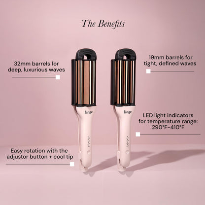 L'ANGE Hair VersaWaver blush pink tool displayed alongside the included heat resistant glove and mat pouch