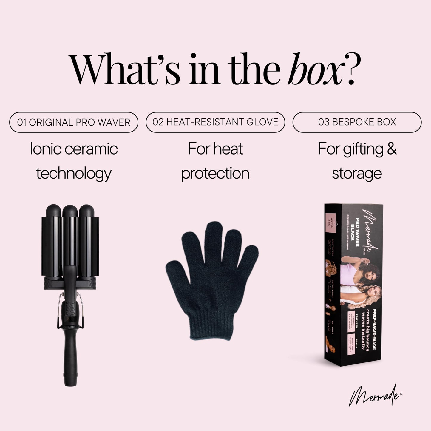 Premium Mermade Hair 1.25 inch ceramic waver tool with the included black heat protection glove